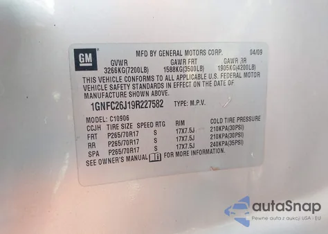 2009 Chevrolet Suburban 1500 Lt1 z USA, uszkodzony, nr VIN 1GNFC26J19R227582